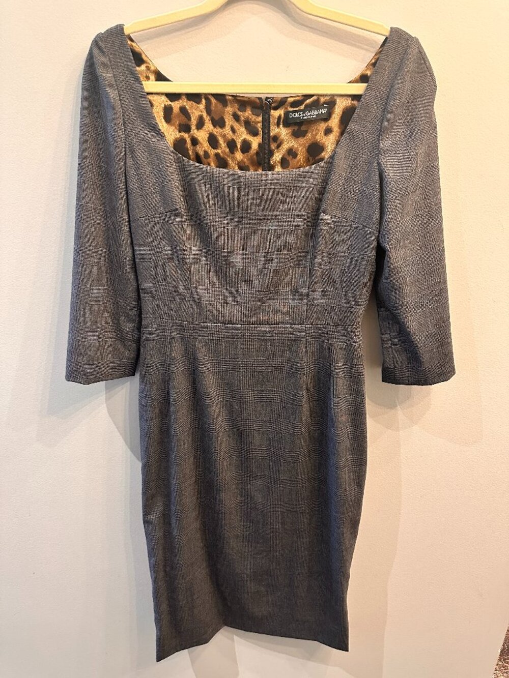 *NEVER WORN* Dolce & Gabbana Plaid Sheath Dress Leopard Print Lining Grey S42